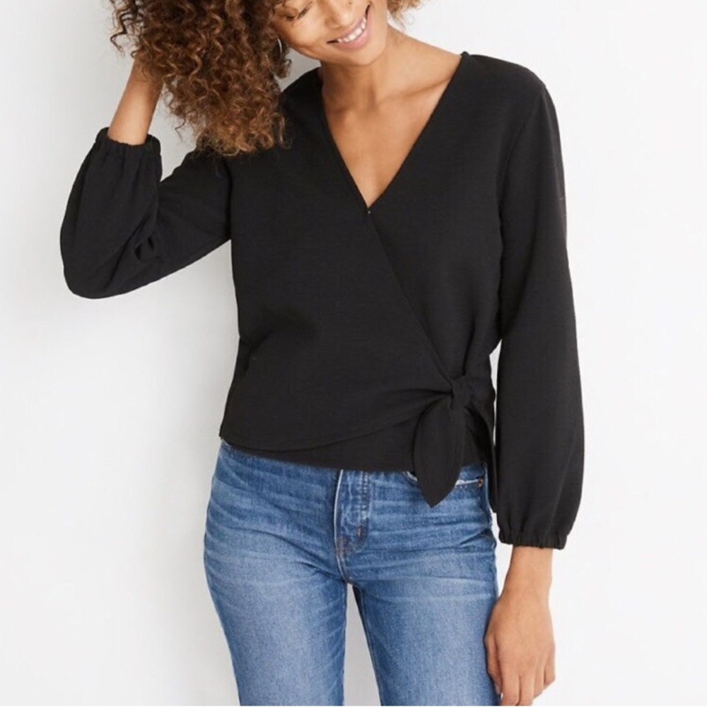 Madewell Texture & Thread Black Ribbed Jacquard Knot-Front Top Women's Size XS